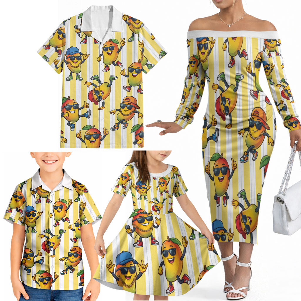 Funny Hawaii Mango Hip Hop Cartoon Family Matching Off The Shoulder Long Sleeve Dress and Hawaiian Shirt Summer Beach Party