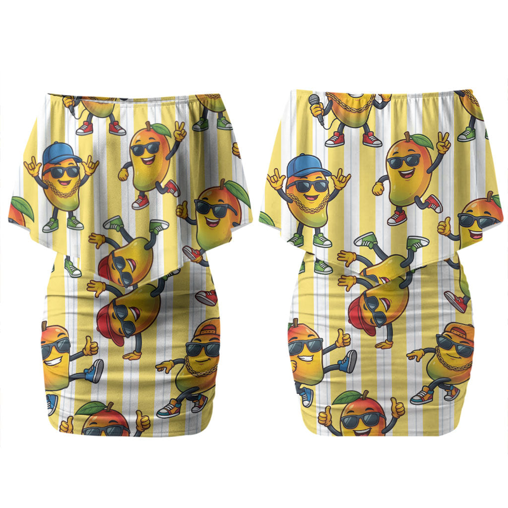 Funny Hawaii Mango Hip Hop Cartoon Family Matching Off Shoulder Short Dress and Hawaiian Shirt Summer Beach Party