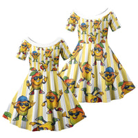 Funny Hawaii Mango Hip Hop Cartoon Family Matching Off Shoulder Short Dress and Hawaiian Shirt Summer Beach Party