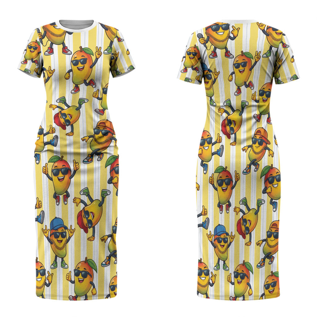 Funny Hawaii Mango Hip Hop Cartoon Family Matching Short Sleeve Bodycon Dress and Hawaiian Shirt Summer Beach Party