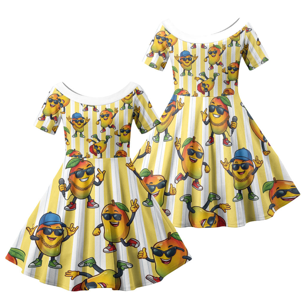 Funny Hawaii Mango Hip Hop Cartoon Family Matching Summer Maxi Dress and Hawaiian Shirt Summer Beach Party