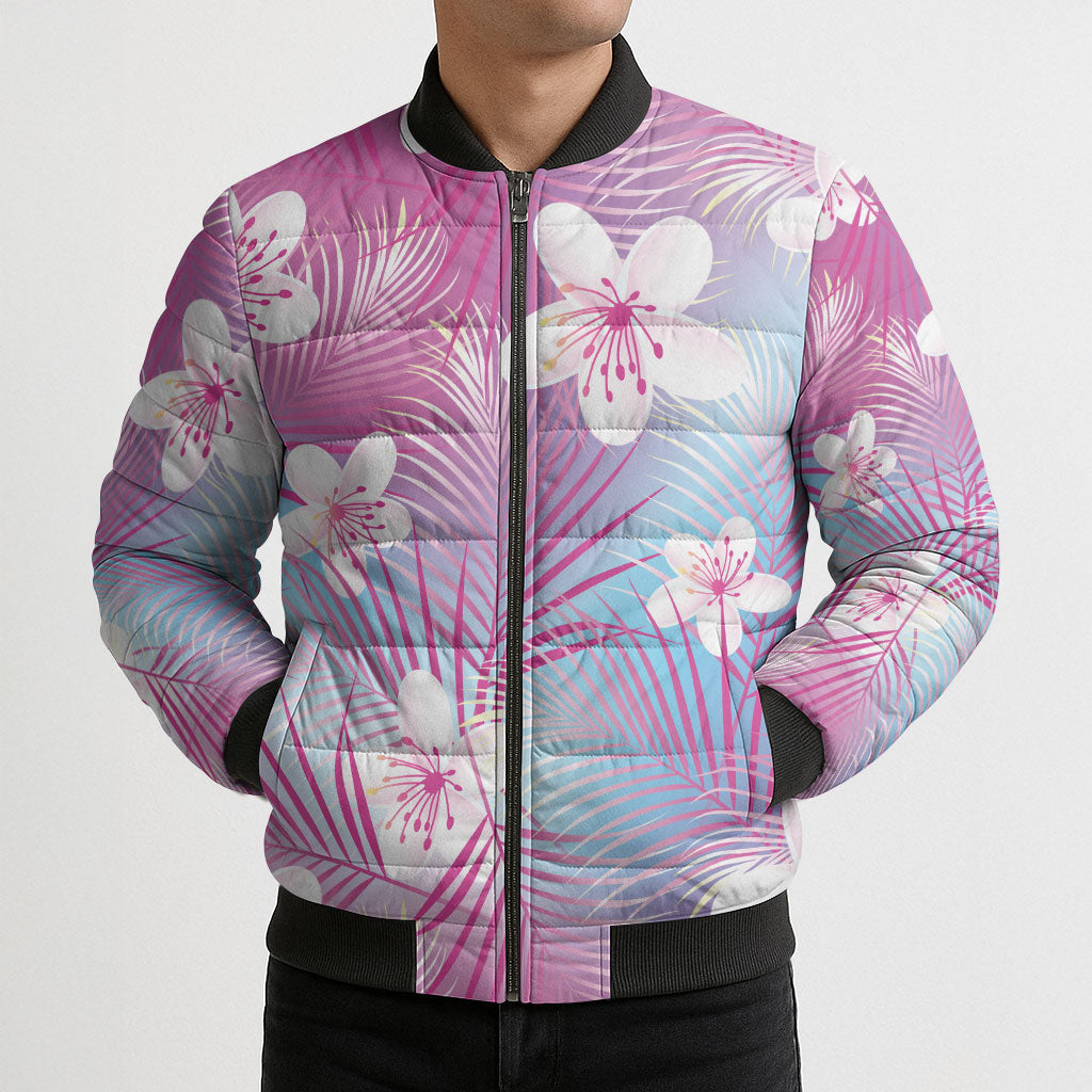 Pink Aloha Hawaiian Bomber Puffer Jacket Tropical Flower Palm Leaf Pattern LT19 - Polynesian Pride