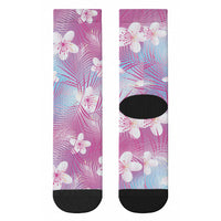 Pink Aloha Hawaiian Crew Socks Tropical Flower Palm Leaf Pattern LT19 - Polynesian Pride