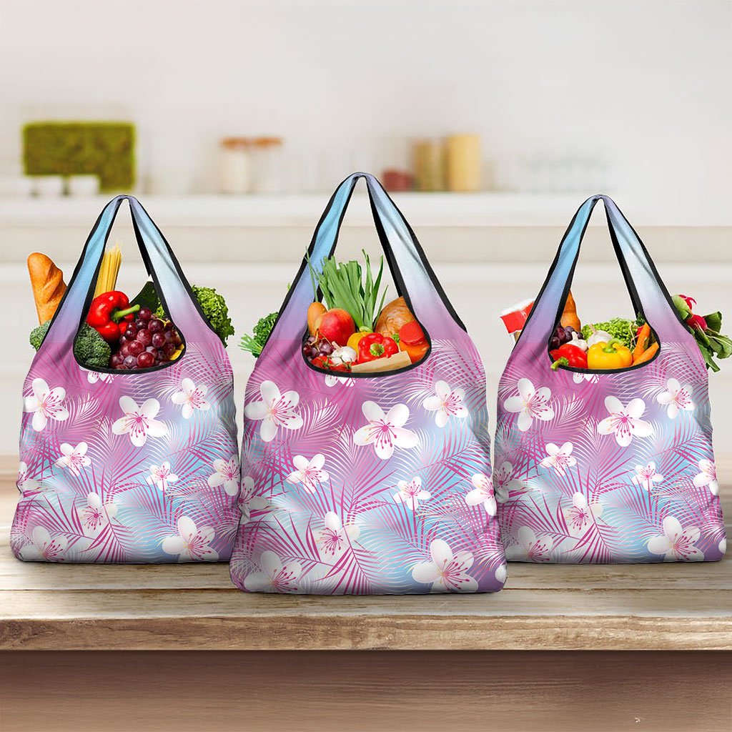 Pink Aloha Hawaiian Grocery Bag Tropical Flower Palm Leaf Pattern LT19 3-pack One Size Pink - Polynesian Pride