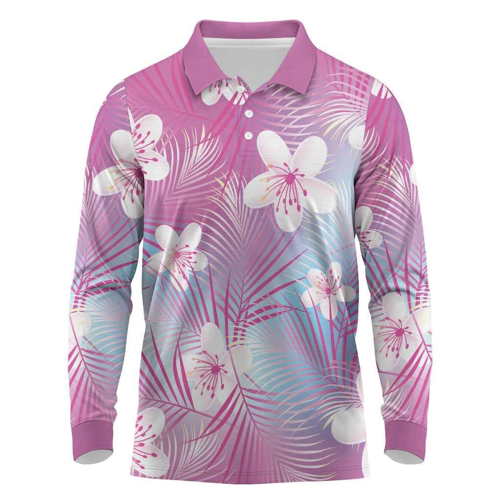 Pink Aloha Hawaiian Long Sleeve Polo Shirt Tropical Flower Palm Leaf Pattern LT19 Pink - Polynesian Pride