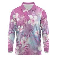 Pink Aloha Hawaiian Long Sleeve Polo Shirt Tropical Flower Palm Leaf Pattern LT19 Pink - Polynesian Pride