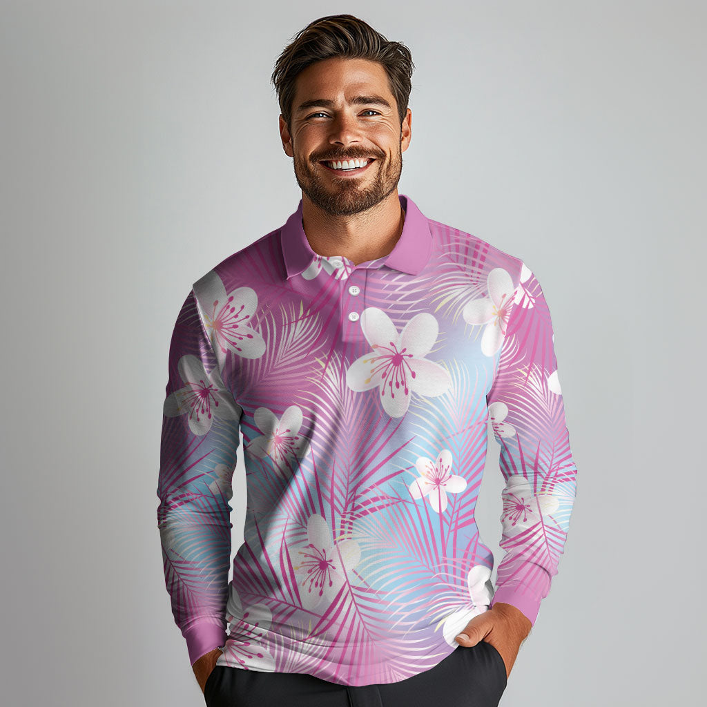 Pink Aloha Hawaiian Long Sleeve Polo Shirt Tropical Flower Palm Leaf Pattern LT19 - Polynesian Pride