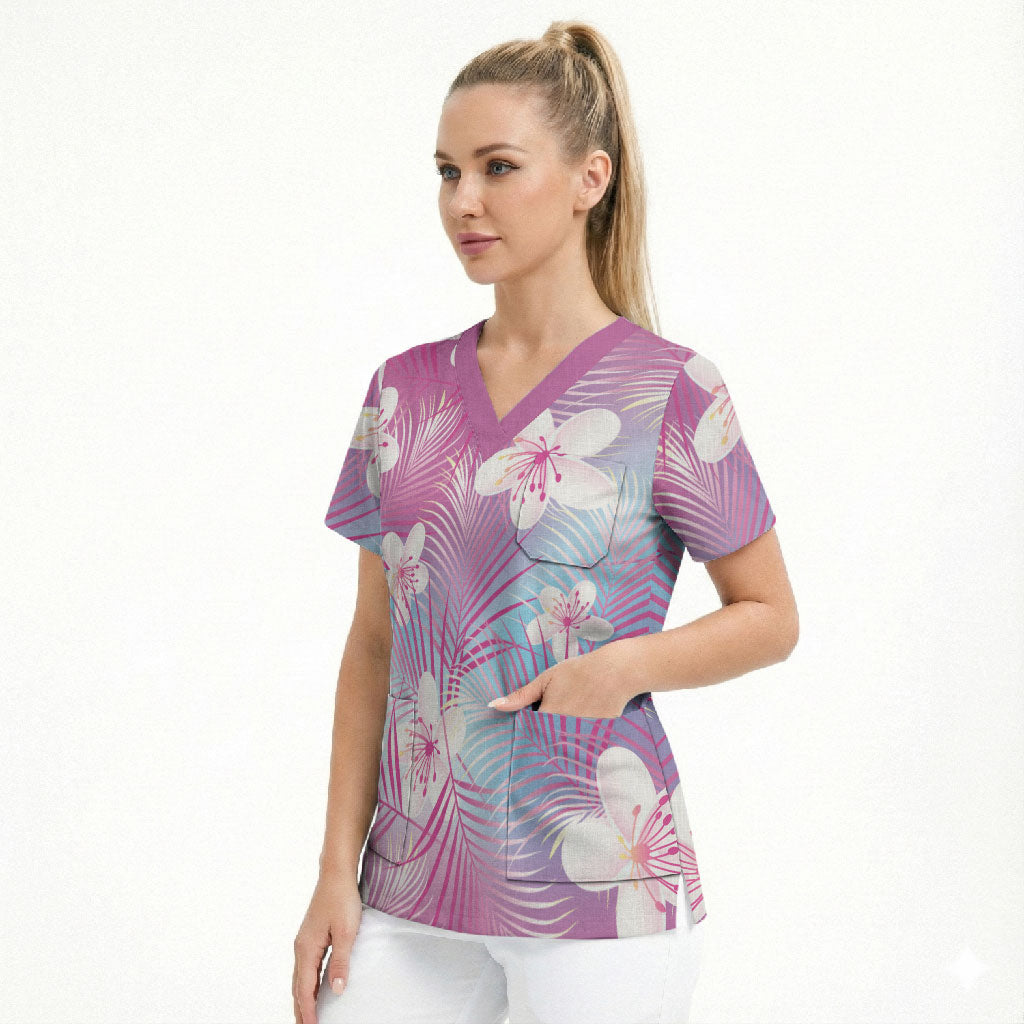 Pink Aloha Hawaiian Scrub Top Tropical Flower Palm Leaf Pattern LT19 - Polynesian Pride