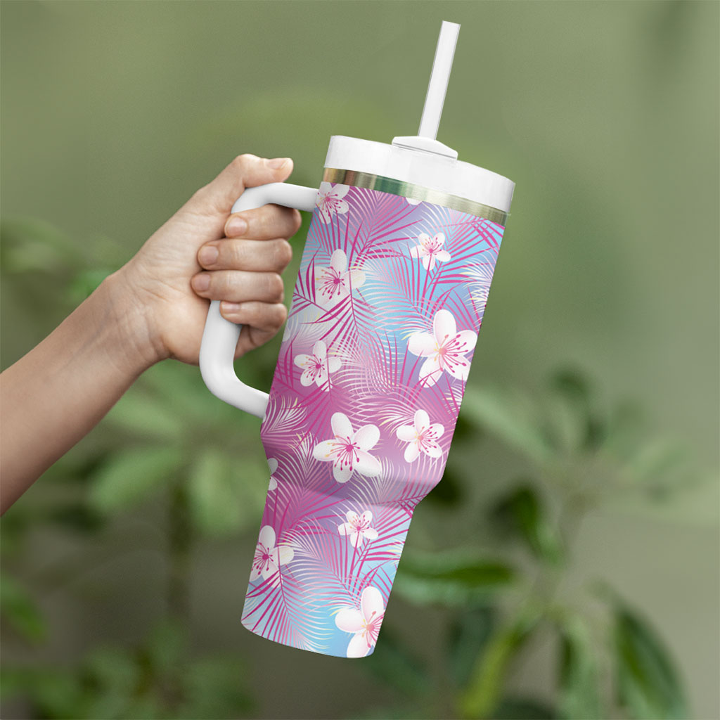 Pink Aloha Hawaiian Tumbler With Handle Tropical Flower Palm Leaf Pattern LT19 - Polynesian Pride