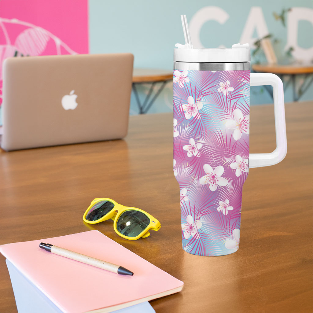 Pink Aloha Hawaiian Tumbler With Handle Tropical Flower Palm Leaf Pattern LT19 - Polynesian Pride