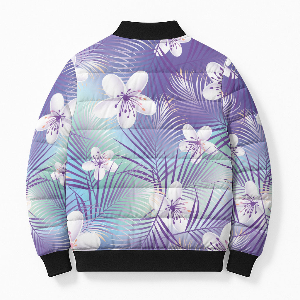 Purple Aloha Hawaiian Bomber Puffer Jacket Tropical Flower Palm Leaf Pattern LT19 - Polynesian Pride