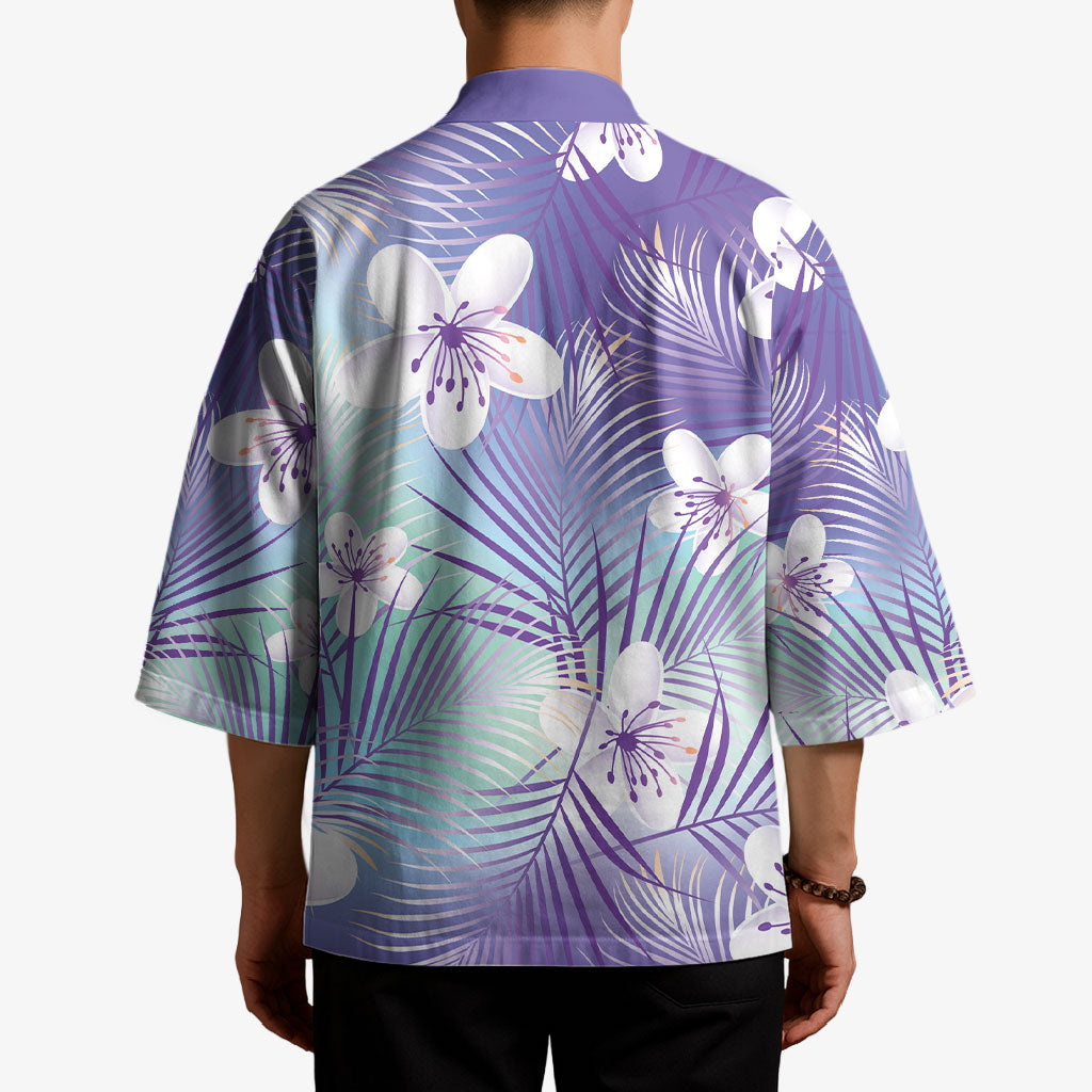 Purple Aloha Hawaiian Kimono Tropical Flower Palm Leaf Pattern LT19 - Polynesian Pride