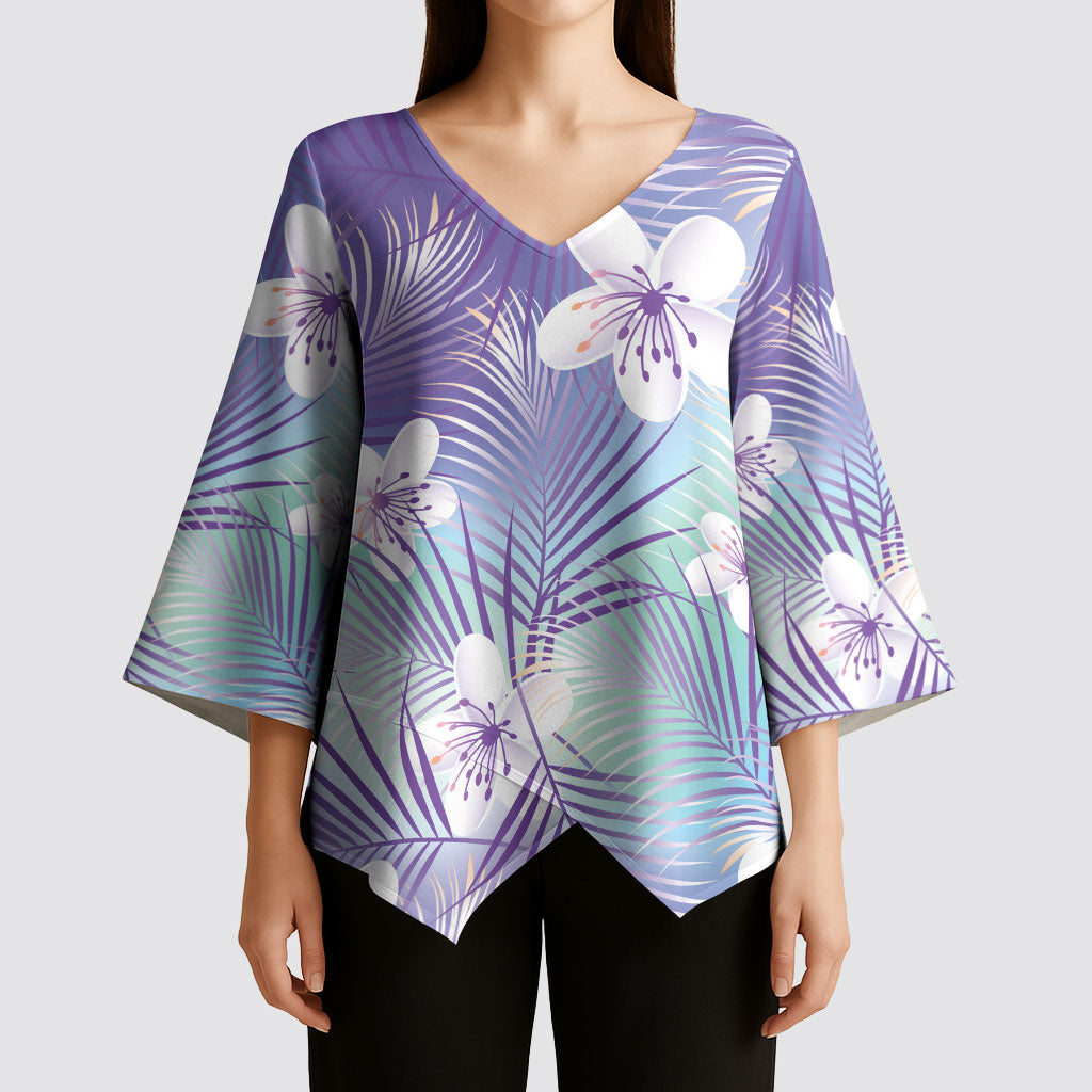 Purple Aloha Hawaiian Kimono Sleeve Blouse Tropical Flower Palm Leaf Pattern LT19 - Polynesian Pride