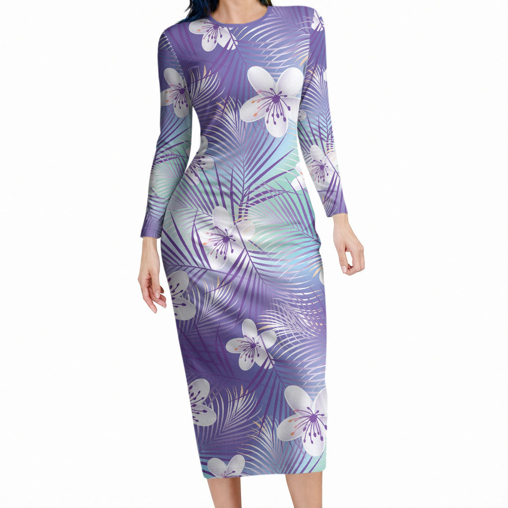Purple Aloha Hawaiian Long Sleeve Bodycon Dress Tropical Flower Palm Leaf Pattern LT19 Long Dress Purple - Polynesian Pride
