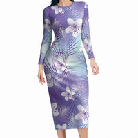 Purple Aloha Hawaiian Long Sleeve Bodycon Dress Tropical Flower Palm Leaf Pattern LT19 Long Dress Purple - Polynesian Pride
