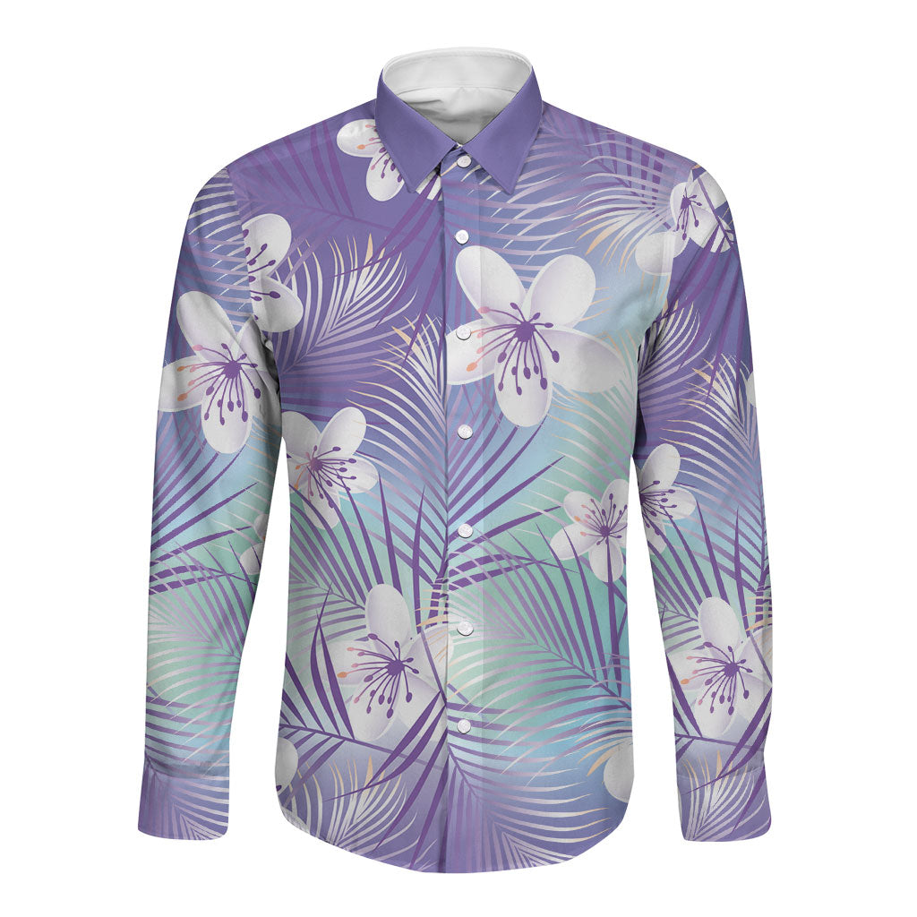 Purple Aloha Hawaiian Long Sleeve Button Shirt Tropical Flower Palm Leaf Pattern LT19 Unisex Purple - Polynesian Pride