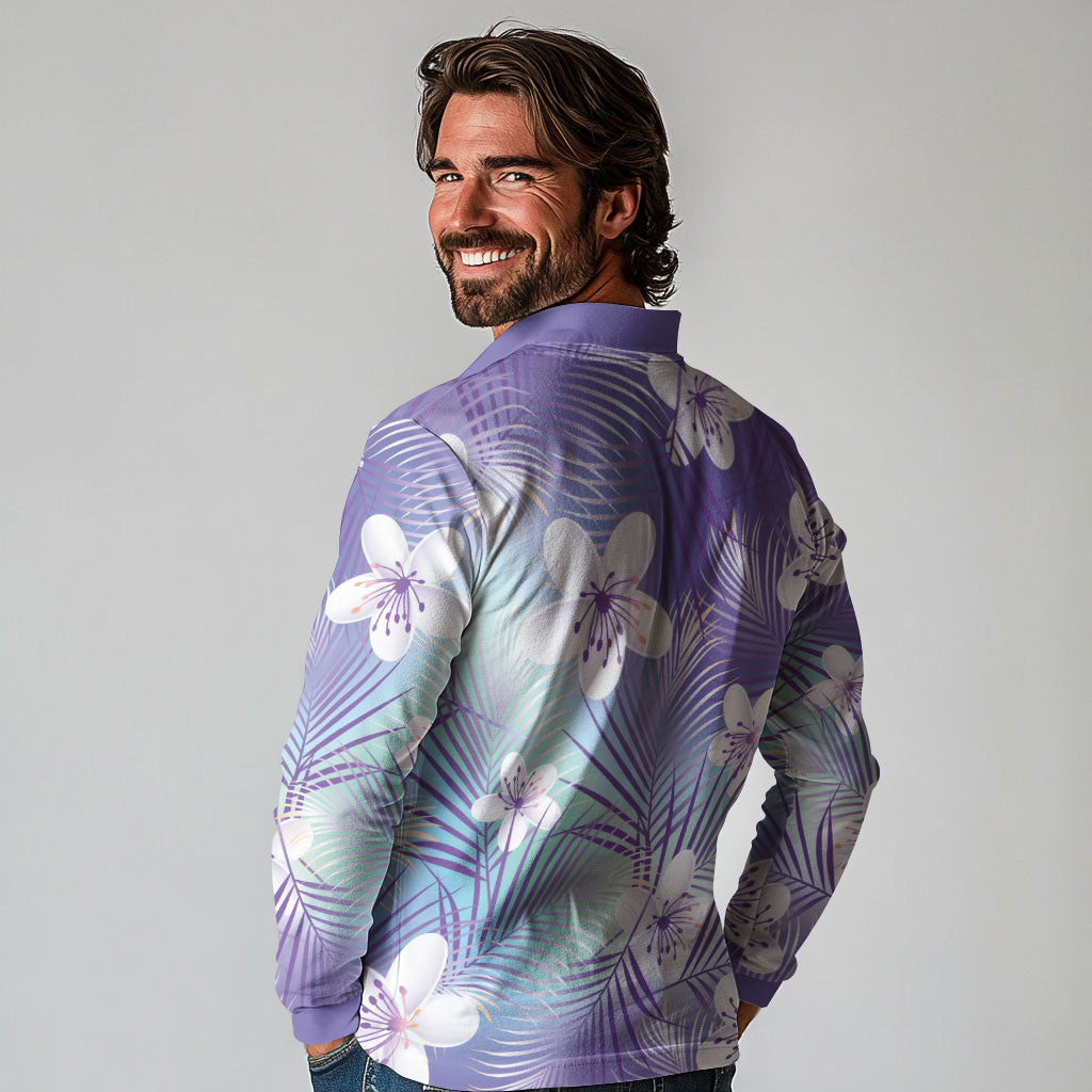 Purple Aloha Hawaiian Long Sleeve Polo Shirt Tropical Flower Palm Leaf Pattern LT19 - Polynesian Pride