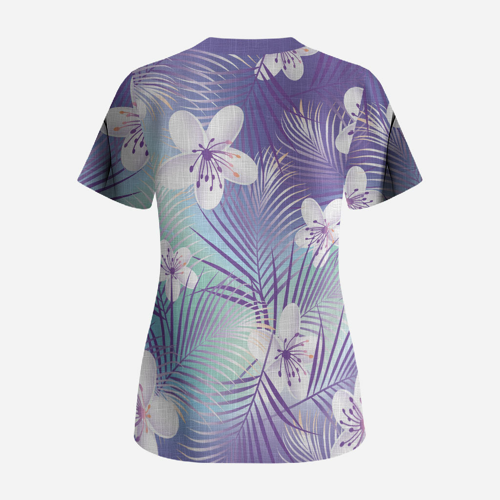Purple Aloha Hawaiian Scrub Top Tropical Flower Palm Leaf Pattern LT19 - Polynesian Pride