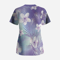Purple Aloha Hawaiian Scrub Top Tropical Flower Palm Leaf Pattern LT19 - Polynesian Pride