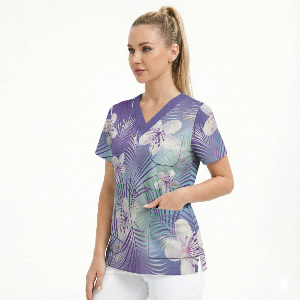 Purple Aloha Hawaiian Scrub Top Tropical Flower Palm Leaf Pattern LT19 - Polynesian Pride