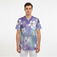 Purple Aloha Hawaiian Scrub Top Tropical Flower Palm Leaf Pattern LT19 - Polynesian Pride