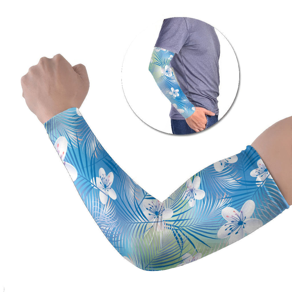 Blue Aloha Hawaiian Arm Sleeves Tropical Flower Palm Leaf Pattern LT19 Set of 2 Blue - Polynesian Pride