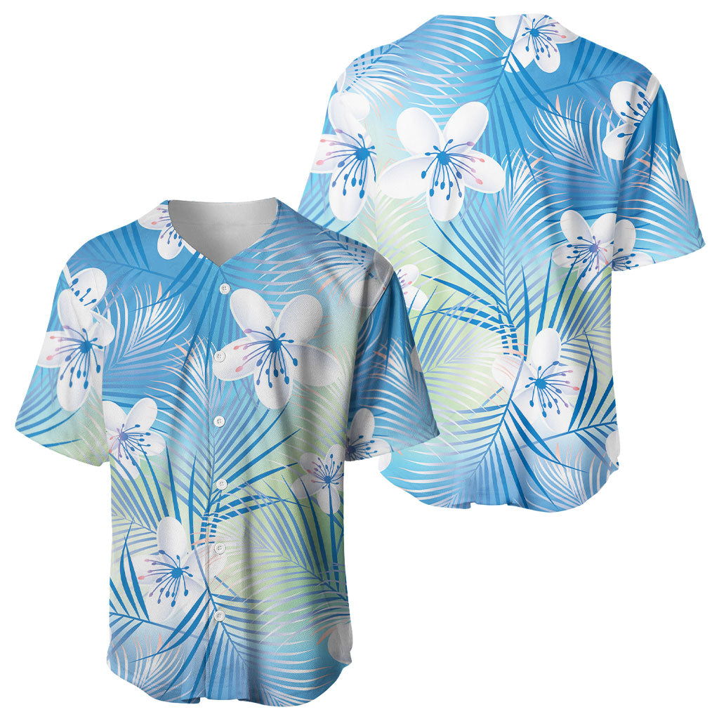 Blue Aloha Hawaiian Baseball Jersey Tropical Flower Palm Leaf Pattern LT19 - Polynesian Pride