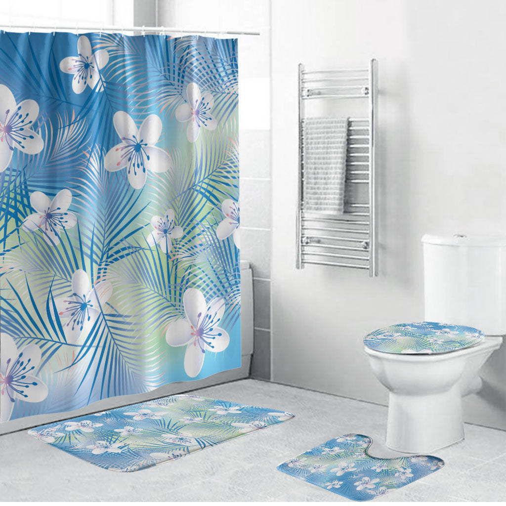Blue Aloha Hawaiian Bathroom Set Tropical Flower Palm Leaf Pattern LT19 Bathroom Set (4 pcs) Blue - Polynesian Pride