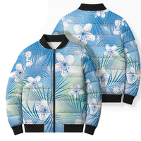 Blue Aloha Hawaiian Bomber Puffer Jacket Tropical Flower Palm Leaf Pattern LT19 - Polynesian Pride