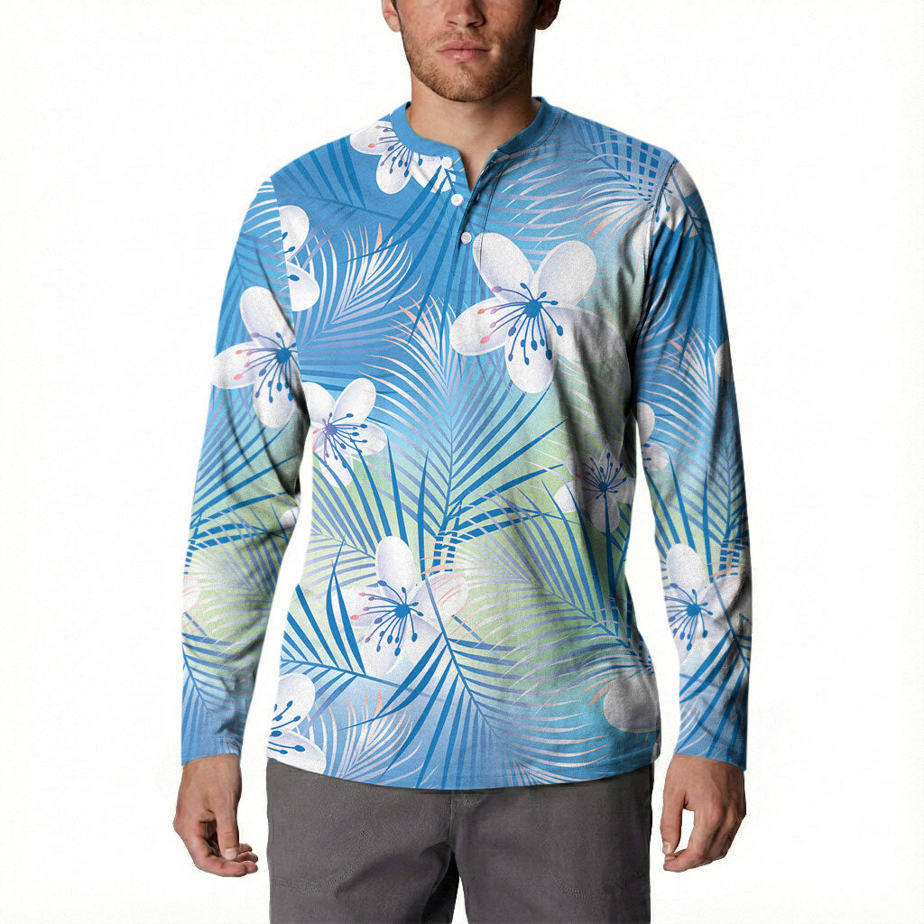 Blue Aloha Hawaiian Button Sweatshirt Tropical Flower Palm Leaf Pattern LT19 - Polynesian Pride