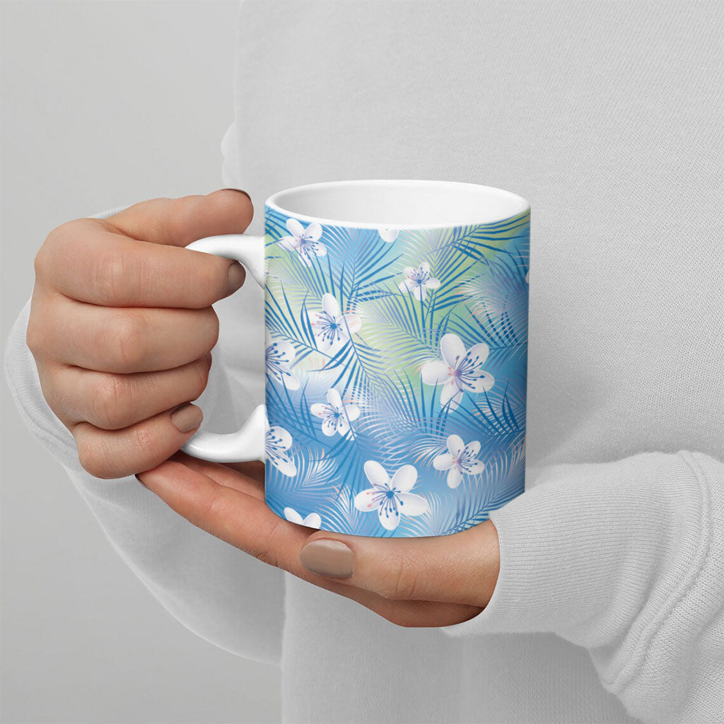 Blue Aloha Hawaiian Ceramic Mug Tropical Flower Palm Leaf Pattern LT19 - Polynesian Pride