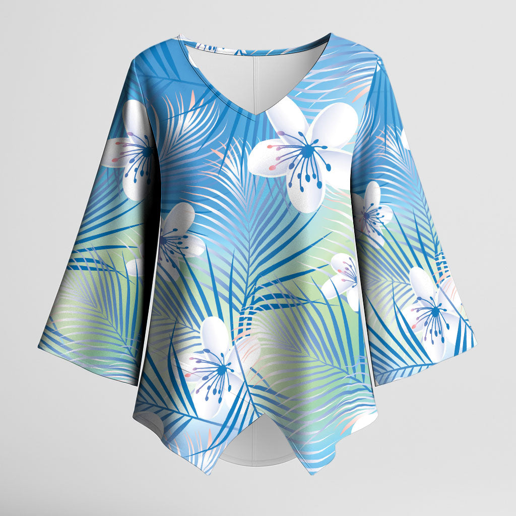 Blue Aloha Hawaiian Kimono Sleeve Blouse Tropical Flower Palm Leaf Pattern LT19 Female Blue - Polynesian Pride