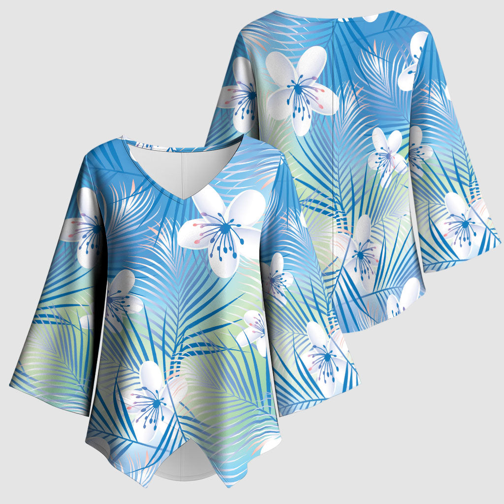 Blue Aloha Hawaiian Kimono Sleeve Blouse Tropical Flower Palm Leaf Pattern LT19 - Polynesian Pride