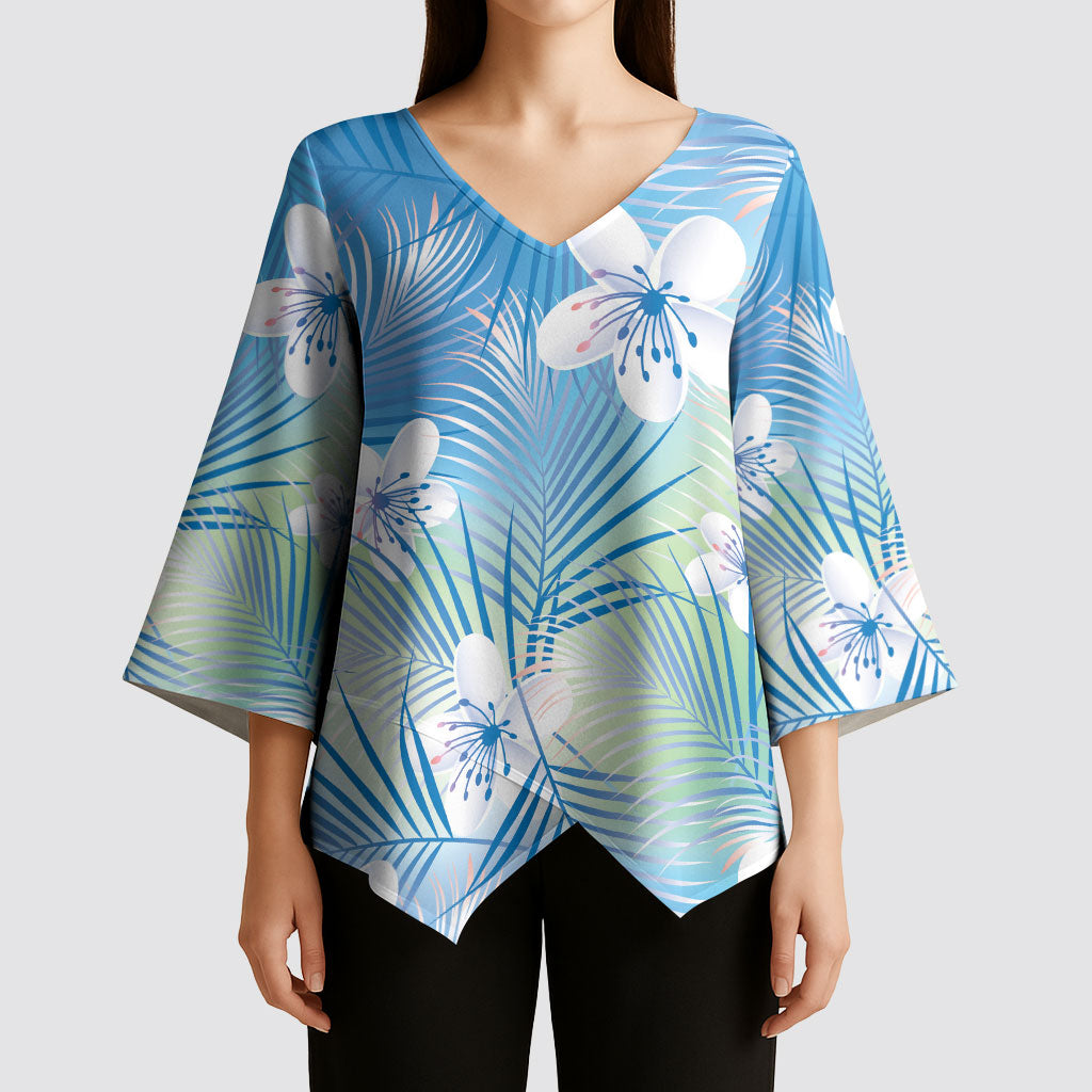 Blue Aloha Hawaiian Kimono Sleeve Blouse Tropical Flower Palm Leaf Pattern LT19 - Polynesian Pride