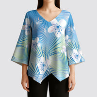 Blue Aloha Hawaiian Kimono Sleeve Blouse Tropical Flower Palm Leaf Pattern LT19 - Polynesian Pride