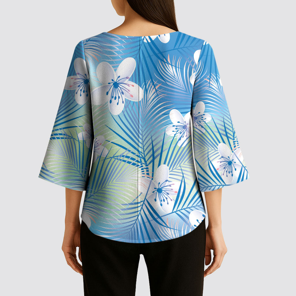 Blue Aloha Hawaiian Kimono Sleeve Blouse Tropical Flower Palm Leaf Pattern LT19 - Polynesian Pride