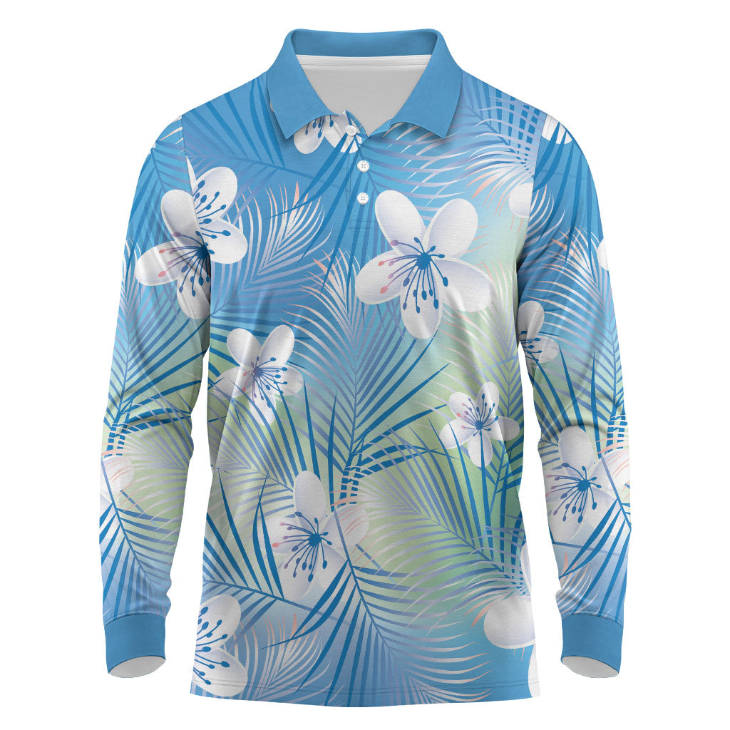 Blue Aloha Hawaiian Long Sleeve Polo Shirt Tropical Flower Palm Leaf Pattern LT19 Blue - Polynesian Pride
