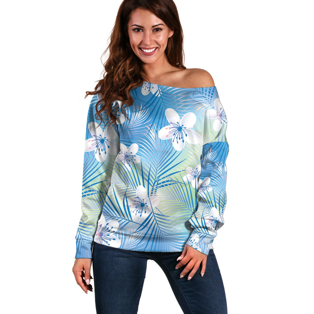 Blue Aloha Hawaiian Off Shoulder Sweater Tropical Flower Palm Leaf Pattern LT19 Women Blue - Polynesian Pride