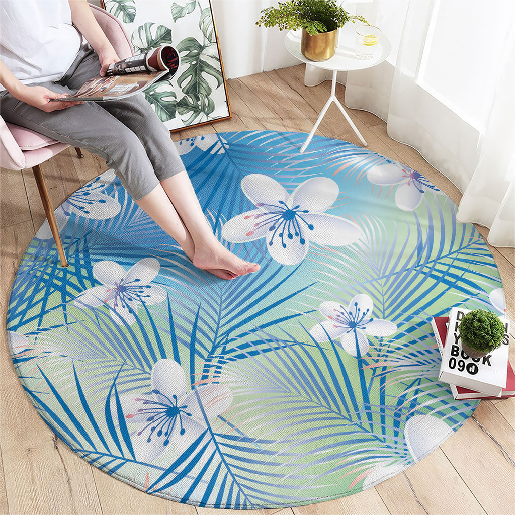Blue Aloha Hawaiian Round Carpet Tropical Flower Palm Leaf Pattern LT19 - Polynesian Pride