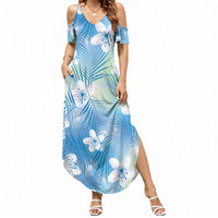 Blue Aloha Hawaiian Summer Maxi Dress Tropical Flower Palm Leaf Pattern LT19 Women Blue - Polynesian Pride