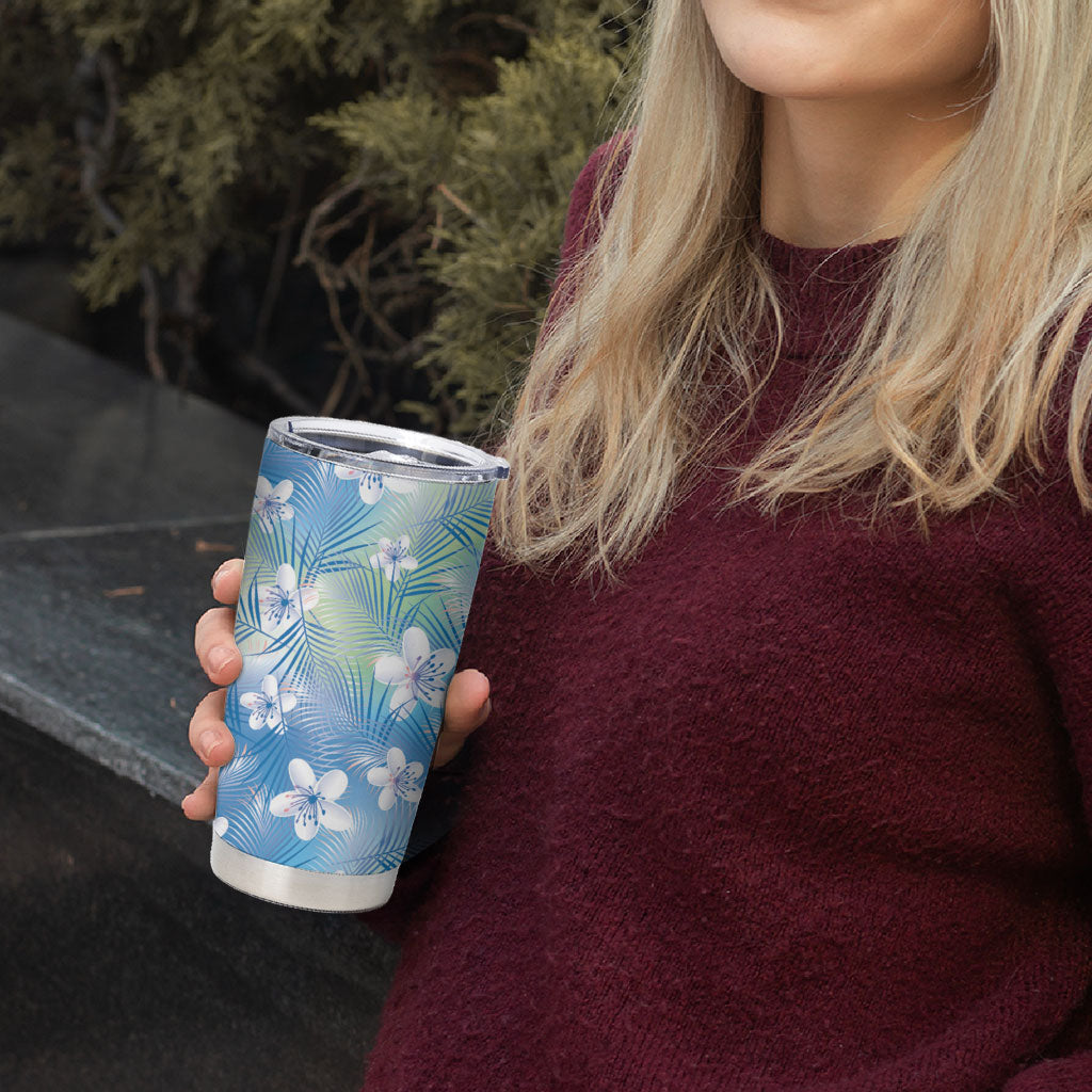 Blue Aloha Hawaiian Tumbler Cup Tropical Flower Palm Leaf Pattern LT19 - Polynesian Pride