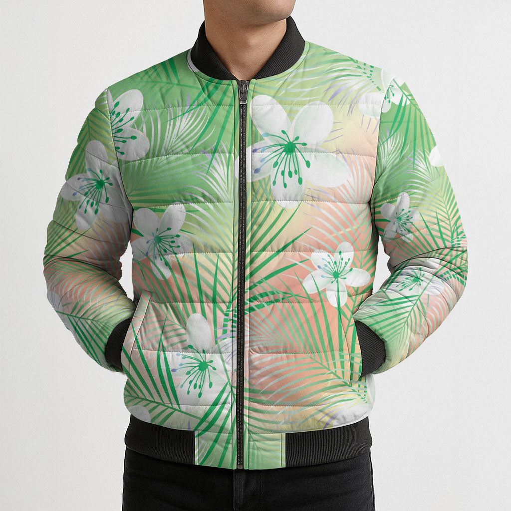 Green Aloha Hawaiian Bomber Puffer Jacket Tropical Flower Palm Leaf Pattern LT19 - Polynesian Pride
