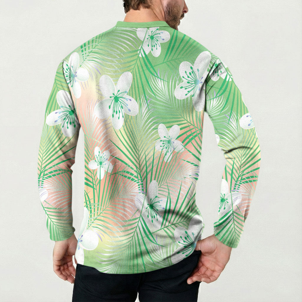 Green Aloha Hawaiian Button Sweatshirt Tropical Flower Palm Leaf Pattern LT19 - Polynesian Pride