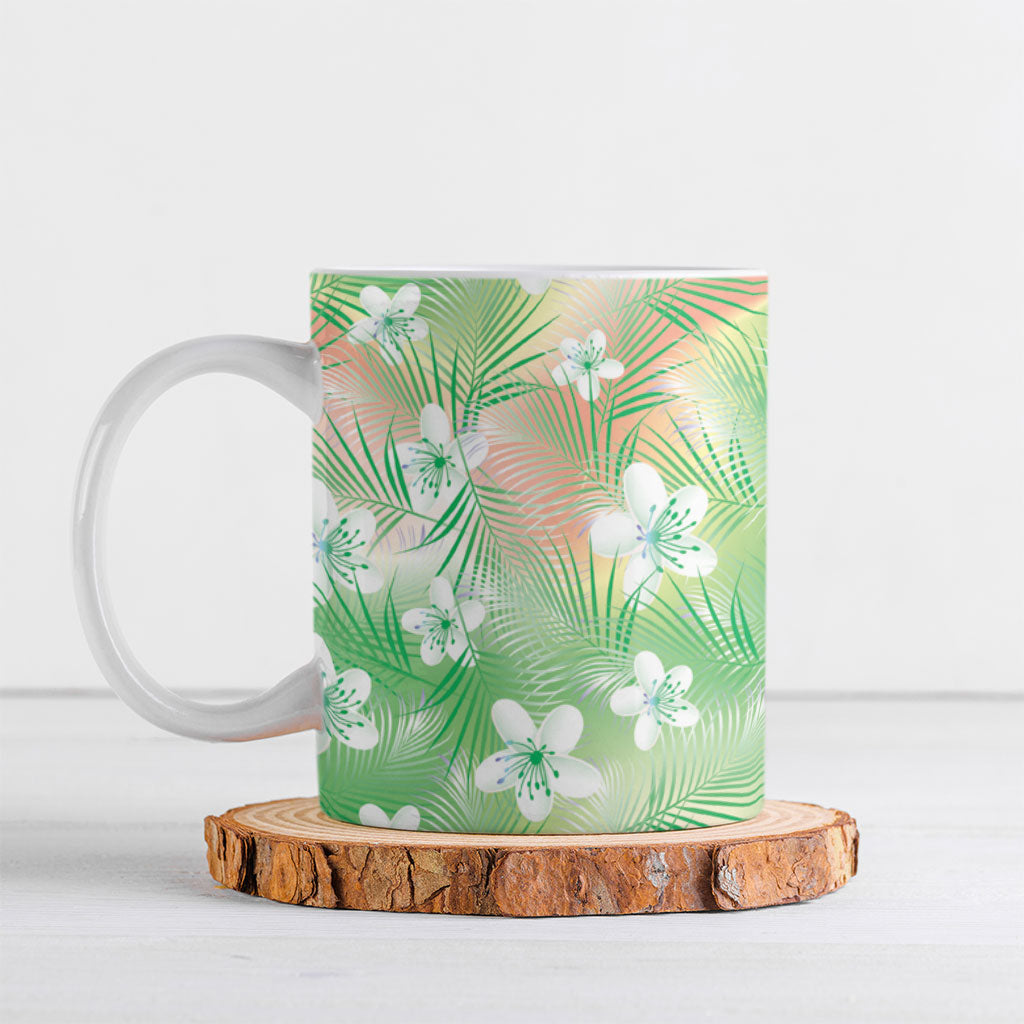 Green Aloha Hawaiian Ceramic Mug Tropical Flower Palm Leaf Pattern LT19 Green - Polynesian Pride
