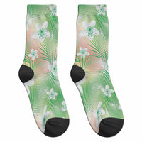 Green Aloha Hawaiian Crew Socks Tropical Flower Palm Leaf Pattern LT19 - Polynesian Pride