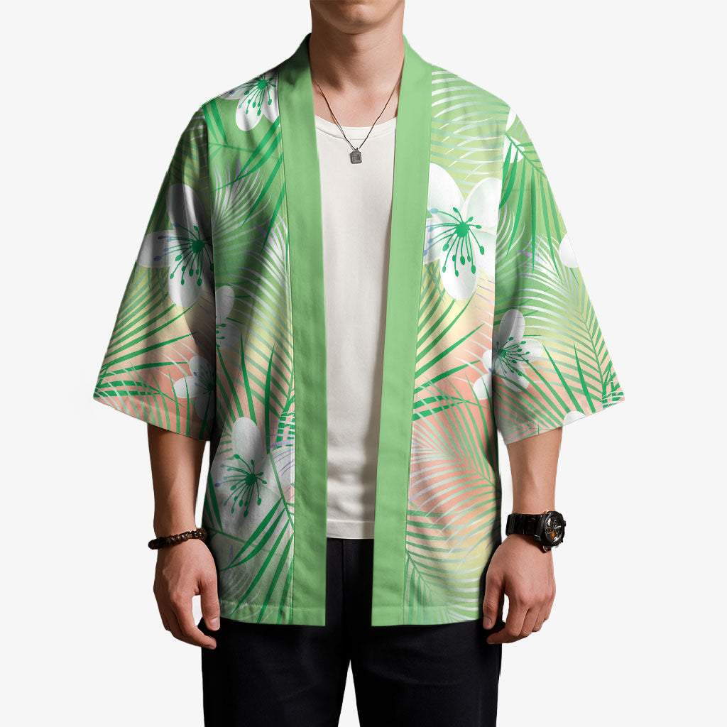 Green Aloha Hawaiian Kimono Tropical Flower Palm Leaf Pattern LT19 - Polynesian Pride