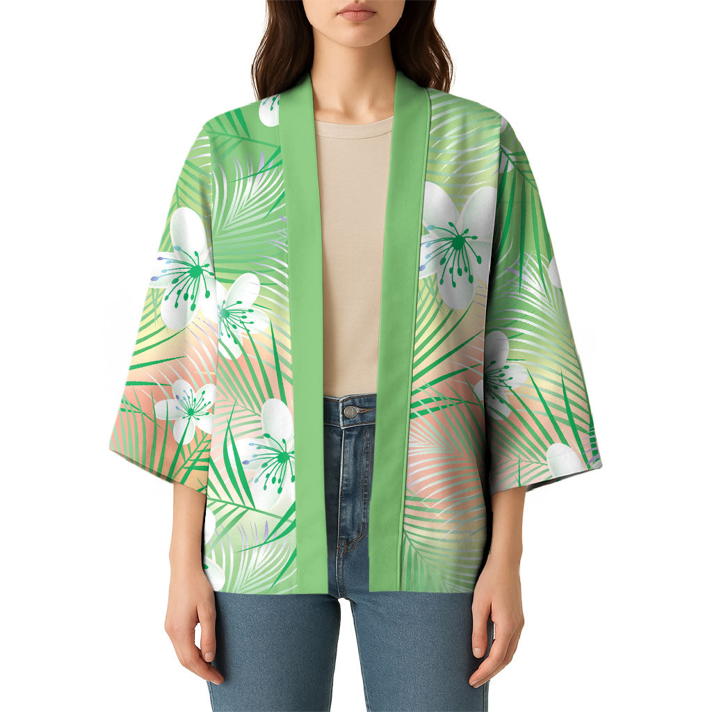 Green Aloha Hawaiian Kimono Tropical Flower Palm Leaf Pattern LT19 - Polynesian Pride