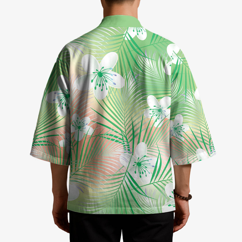 Green Aloha Hawaiian Kimono Tropical Flower Palm Leaf Pattern LT19 - Polynesian Pride
