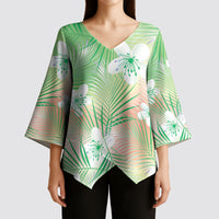 Green Aloha Hawaiian Kimono Sleeve Blouse Tropical Flower Palm Leaf Pattern LT19 - Polynesian Pride