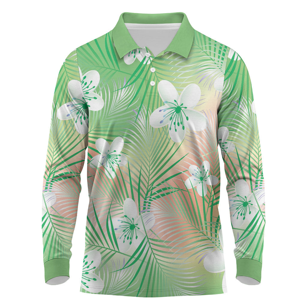 Green Aloha Hawaiian Long Sleeve Polo Shirt Tropical Flower Palm Leaf Pattern LT19 Green - Polynesian Pride